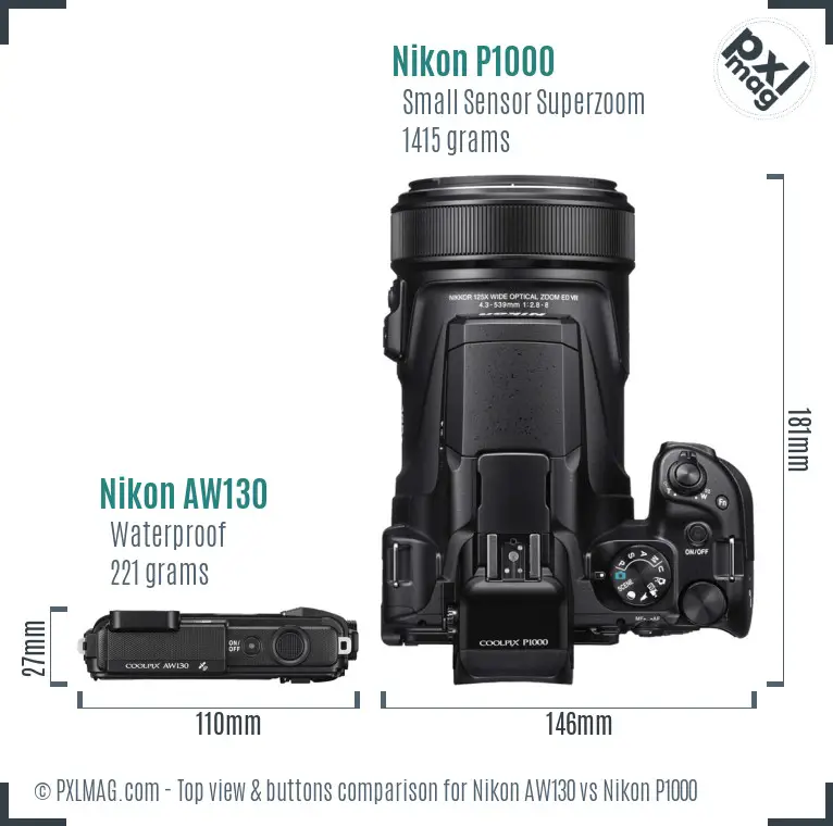 Nikon AW130 vs Nikon P1000 top view buttons comparison