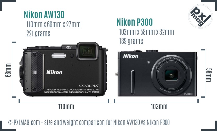 Nikon AW130 vs Nikon P300 size comparison