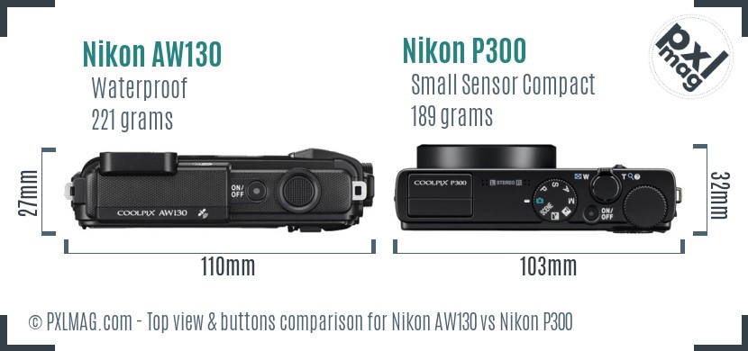 Nikon AW130 vs Nikon P300 top view buttons comparison