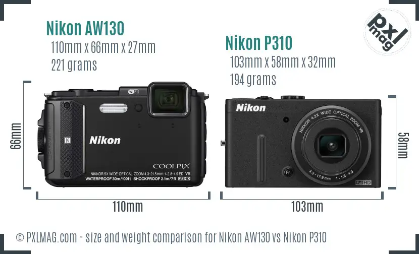 Nikon AW130 vs Nikon P310 size comparison