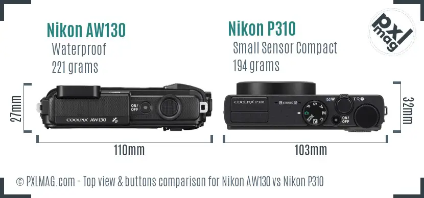 Nikon AW130 vs Nikon P310 top view buttons comparison