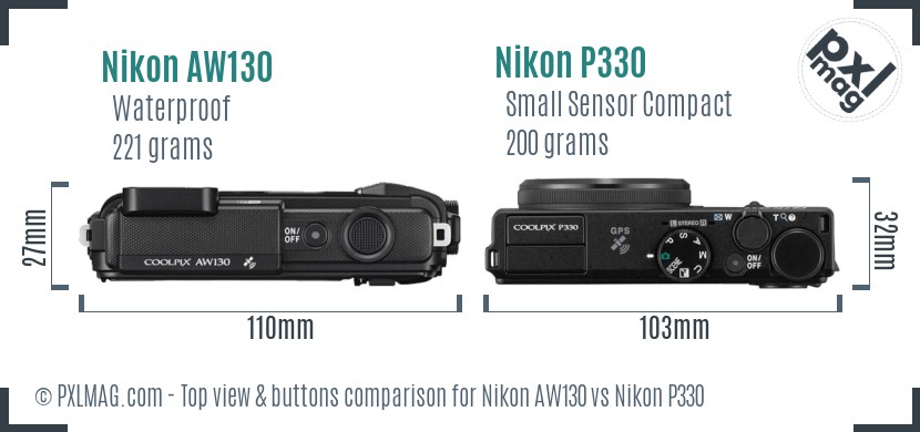 Nikon AW130 vs Nikon P330 top view buttons comparison