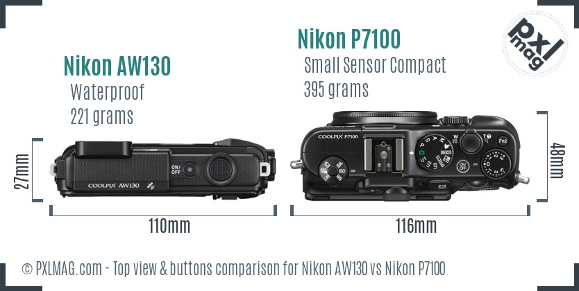 Nikon AW130 vs Nikon P7100 top view buttons comparison