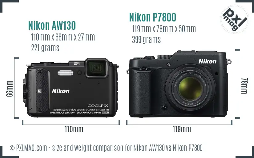 Nikon AW130 vs Nikon P7800 size comparison Nikon AW130 vs Nikon P7800 size comparison