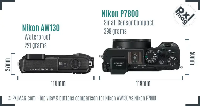 Nikon AW130 vs Nikon P7800 top view buttons comparison Nikon AW130 vs Nikon P7800 top view buttons comparison