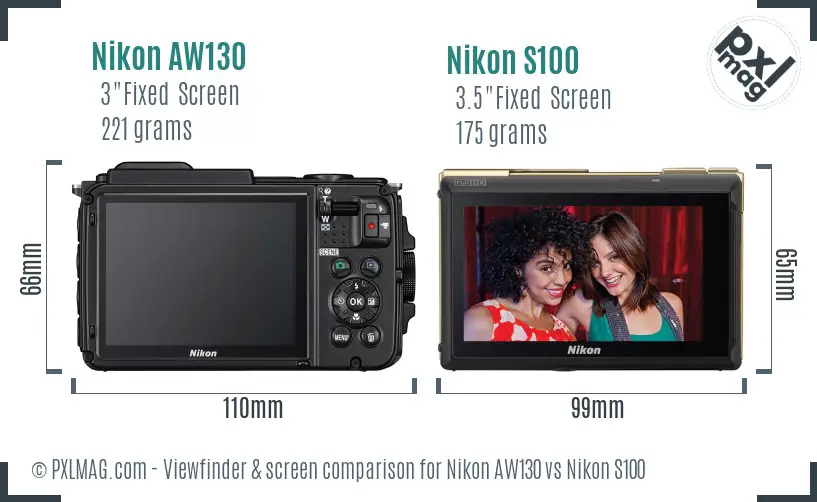 Nikon AW130 vs Nikon S100 Screen and Viewfinder comparison