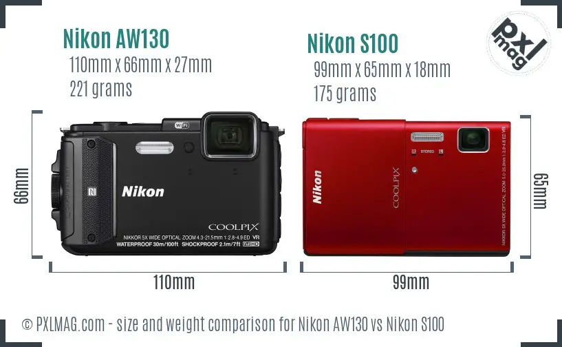 Nikon AW130 vs Nikon S100 size comparison