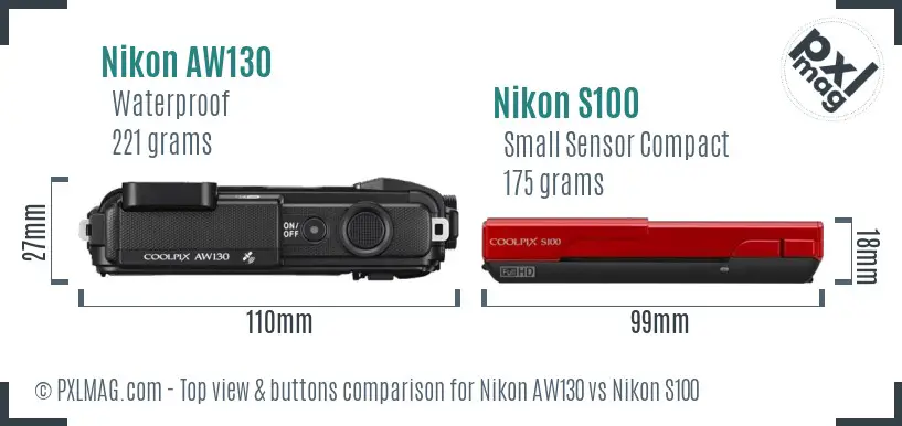Nikon AW130 vs Nikon S100 top view buttons comparison