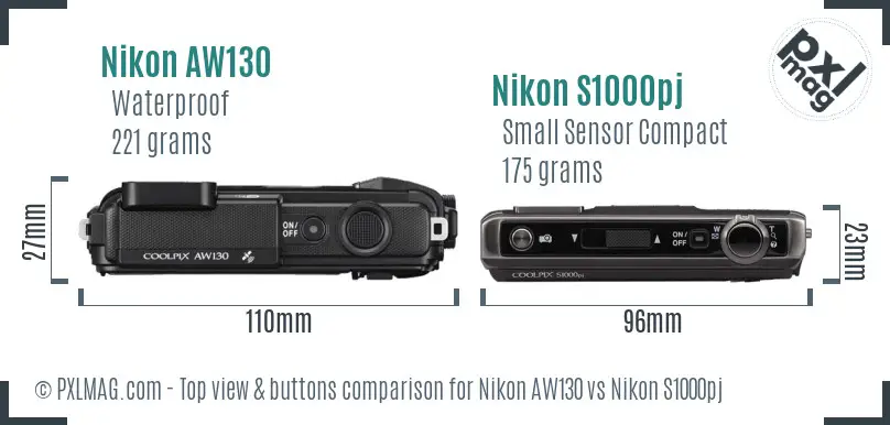 Nikon AW130 vs Nikon S1000pj top view buttons comparison Nikon AW130 vs Nikon S1000pj top view buttons comparison