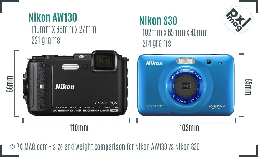 Nikon AW130 vs Nikon S30 size comparison