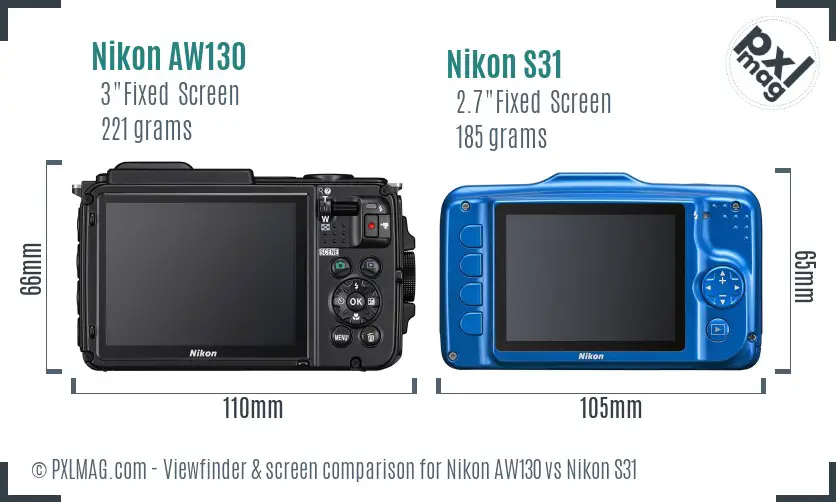 Nikon AW130 vs Nikon S31 Screen and Viewfinder comparison