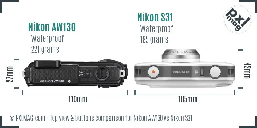 Nikon AW130 vs Nikon S31 top view buttons comparison