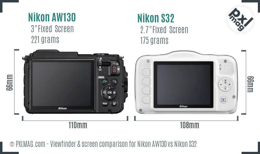 Nikon AW130 vs Nikon S32 Screen and Viewfinder comparison
