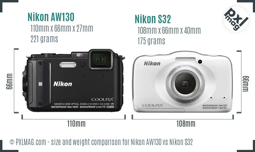 Nikon AW130 vs Nikon S32 size comparison