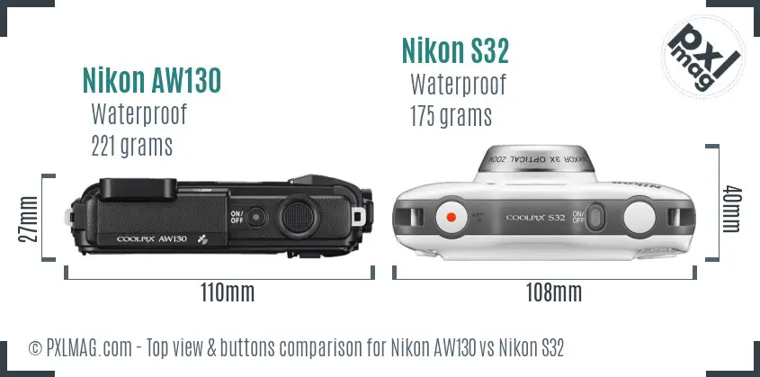 Nikon AW130 vs Nikon S32 top view buttons comparison
