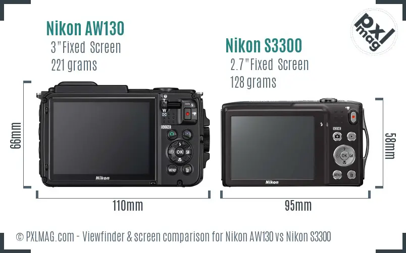 Nikon AW130 vs Nikon S3300 Screen and Viewfinder comparison