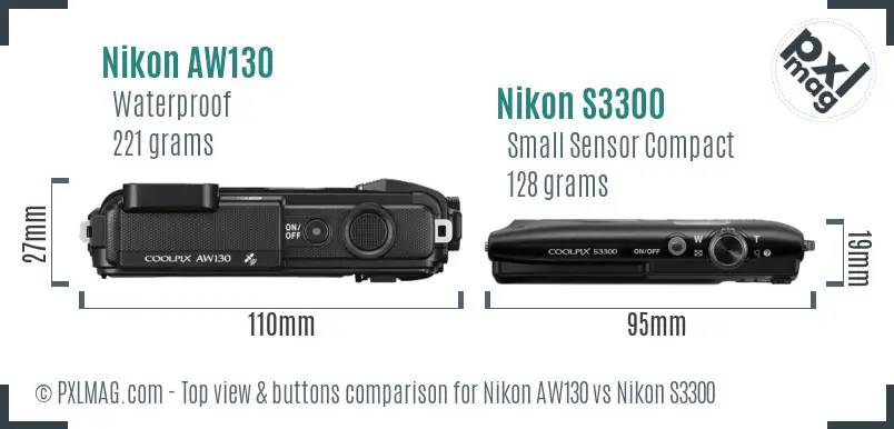 Nikon AW130 vs Nikon S3300 top view buttons comparison