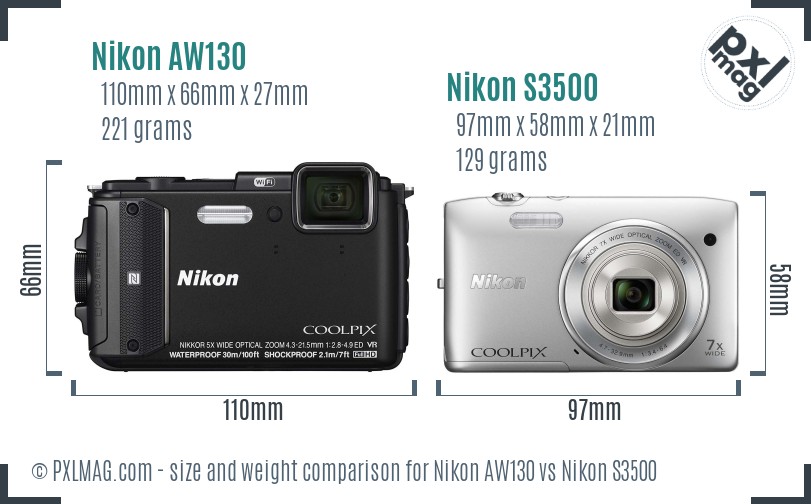 Nikon AW130 vs Nikon S3500 size comparison