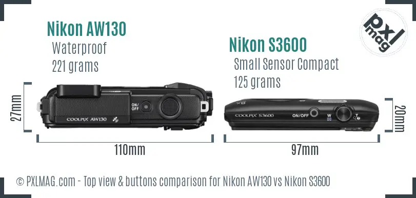 Nikon AW130 vs Nikon S3600 top view buttons comparison Nikon AW130 vs Nikon S3600 top view buttons comparison