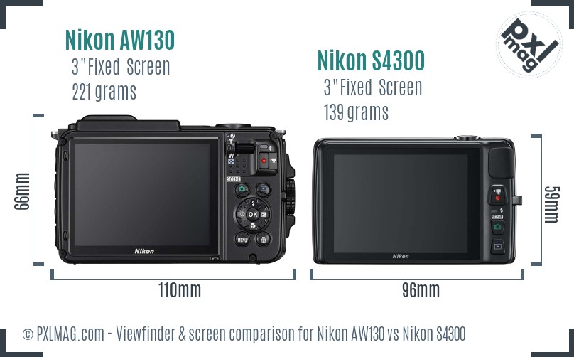 Nikon AW130 vs Nikon S4300 Screen and Viewfinder comparison