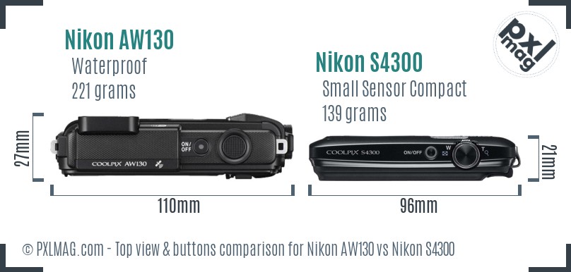 Nikon AW130 vs Nikon S4300 top view buttons comparison