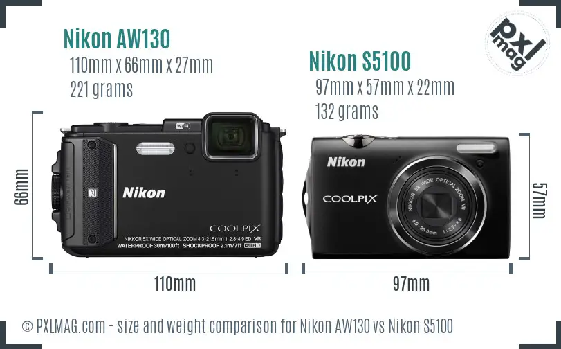 Nikon AW130 vs Nikon S5100 size comparison