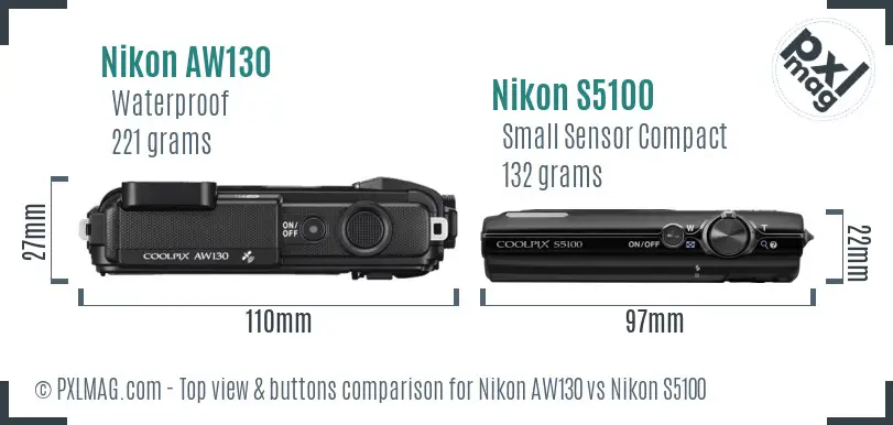 Nikon AW130 vs Nikon S5100 top view buttons comparison