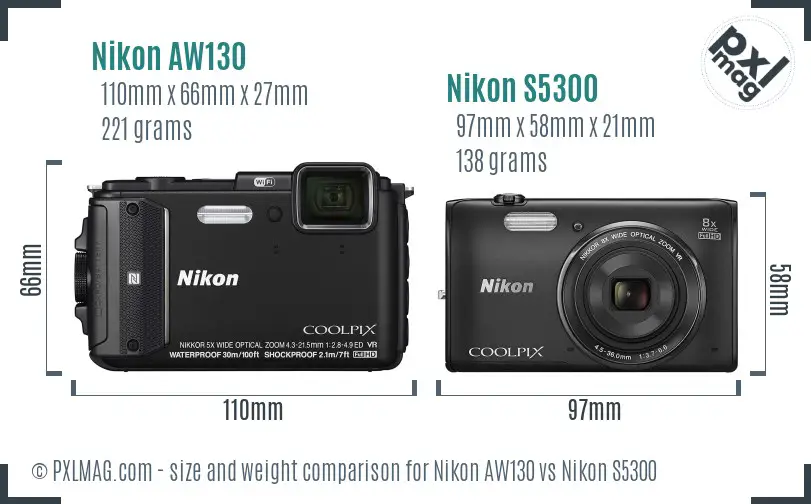 Nikon AW130 vs Nikon S5300 size comparison
