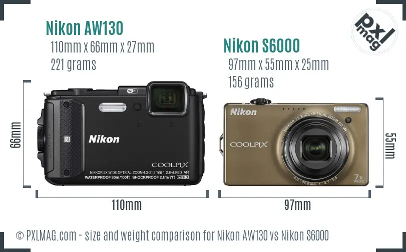 Nikon AW130 vs Nikon S6000 size comparison