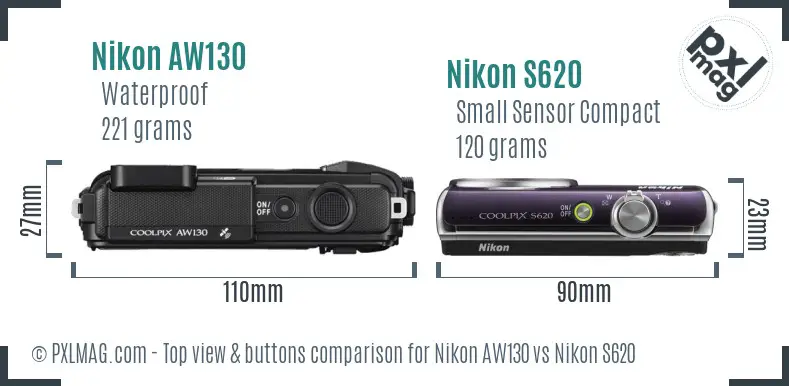 Nikon AW130 vs Nikon S620 top view buttons comparison Nikon AW130 vs Nikon S620 top view buttons comparison