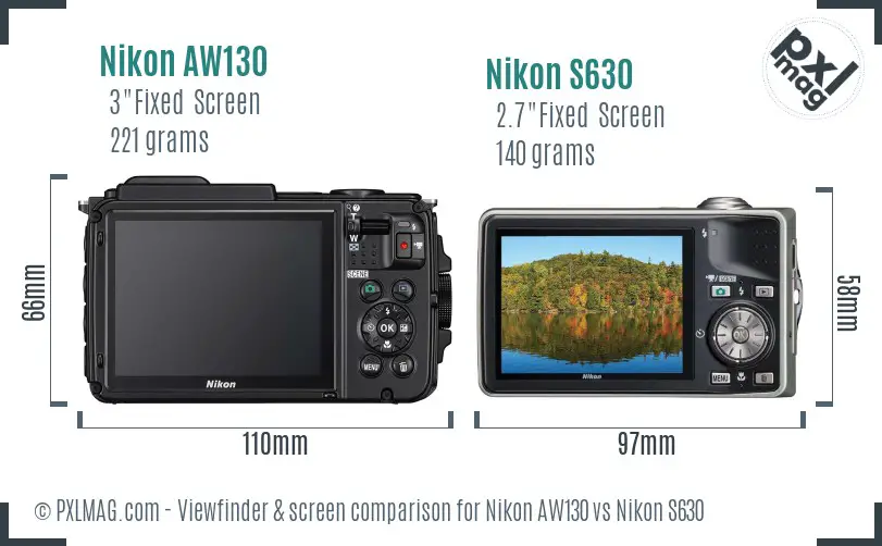 Nikon AW130 vs Nikon S630 Screen and Viewfinder comparison