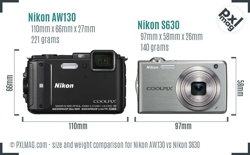 Nikon AW130 vs Nikon S630 size comparison