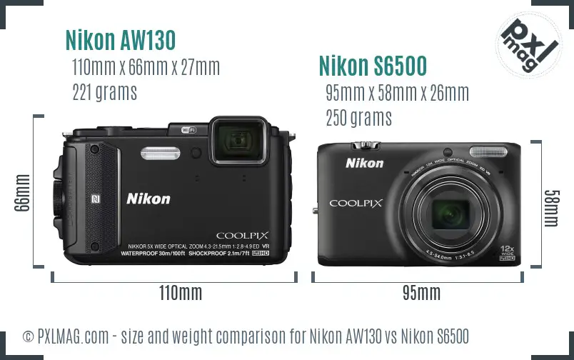 Nikon AW130 vs Nikon S6500 size comparison