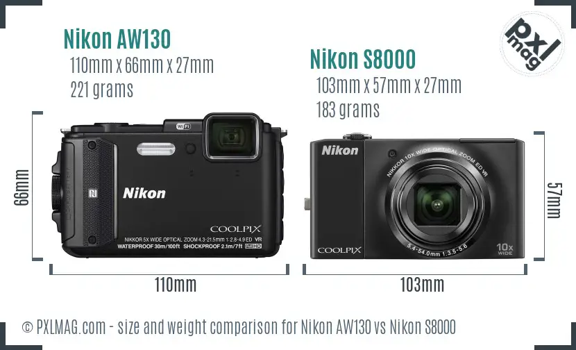 Nikon AW130 and S8000 size comparison