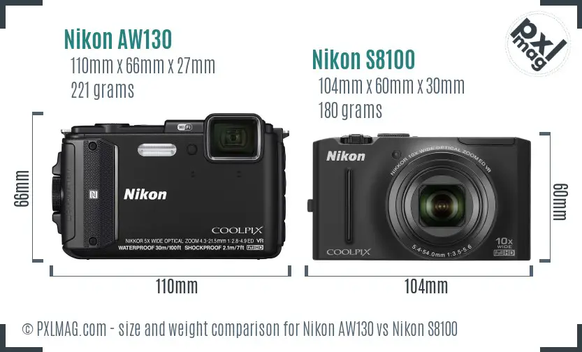 Nikon AW130 vs Nikon S8100 size comparison
