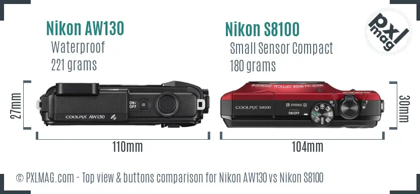 Nikon AW130 vs Nikon S8100 top view buttons comparison