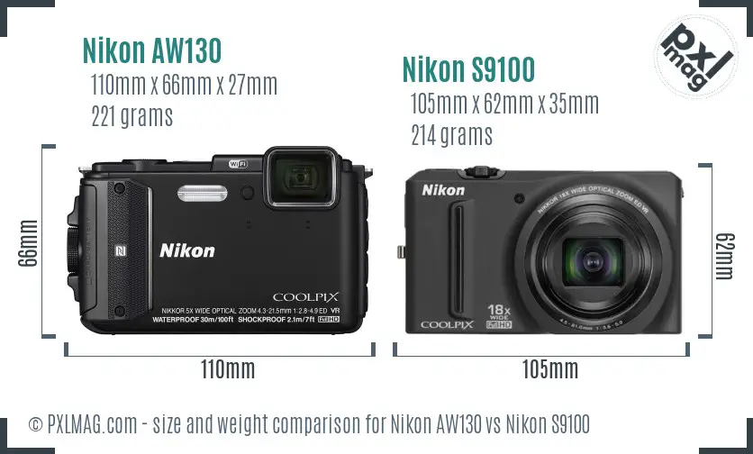 Nikon AW130 vs Nikon S9100 size comparison