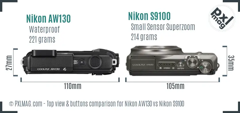 Nikon AW130 vs Nikon S9100 top view buttons comparison