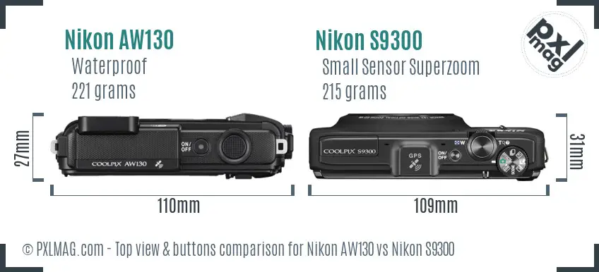 Nikon AW130 vs Nikon S9300 top view buttons comparison Nikon AW130 vs Nikon S9300 top view buttons comparison