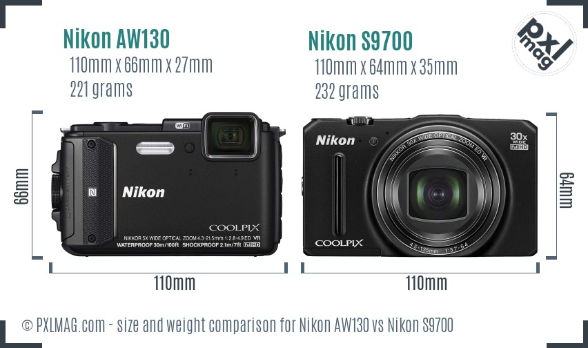 Nikon AW130 vs Nikon S9700 size comparison