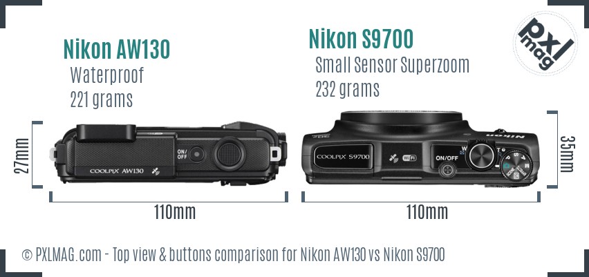 Nikon AW130 vs Nikon S9700 top view buttons comparison