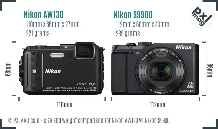 Nikon AW130 vs Nikon S9900 size comparison Nikon AW130 vs Nikon S9900 size comparison