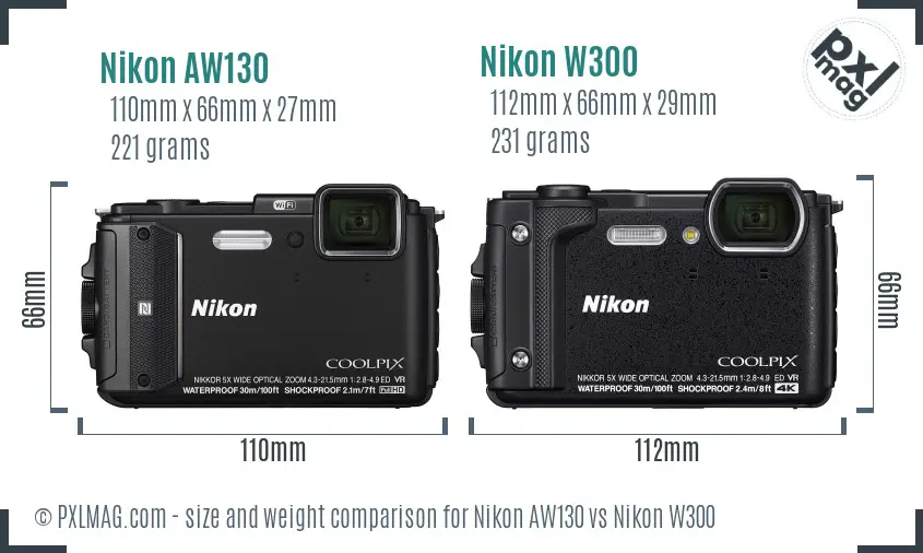Nikon AW130 vs Nikon W300 size comparison