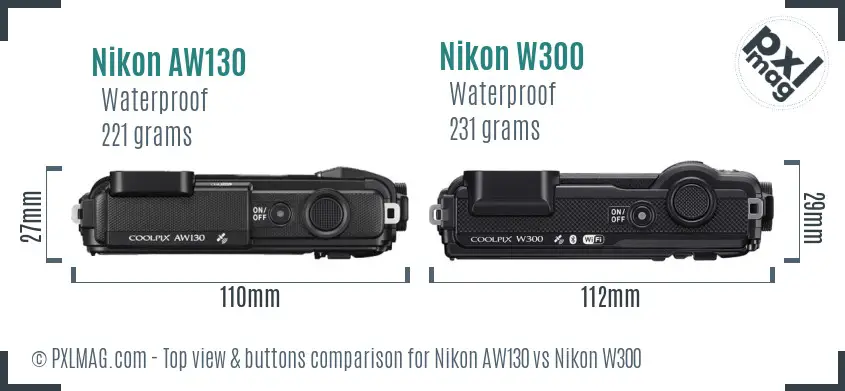 Nikon AW130 vs Nikon W300 top view buttons comparison
