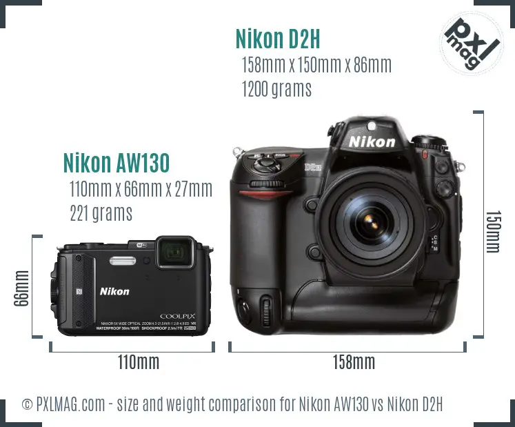 Nikon AW130 vs Nikon D2H size comparison
