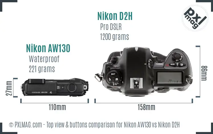 Nikon AW130 vs Nikon D2H top view buttons comparison
