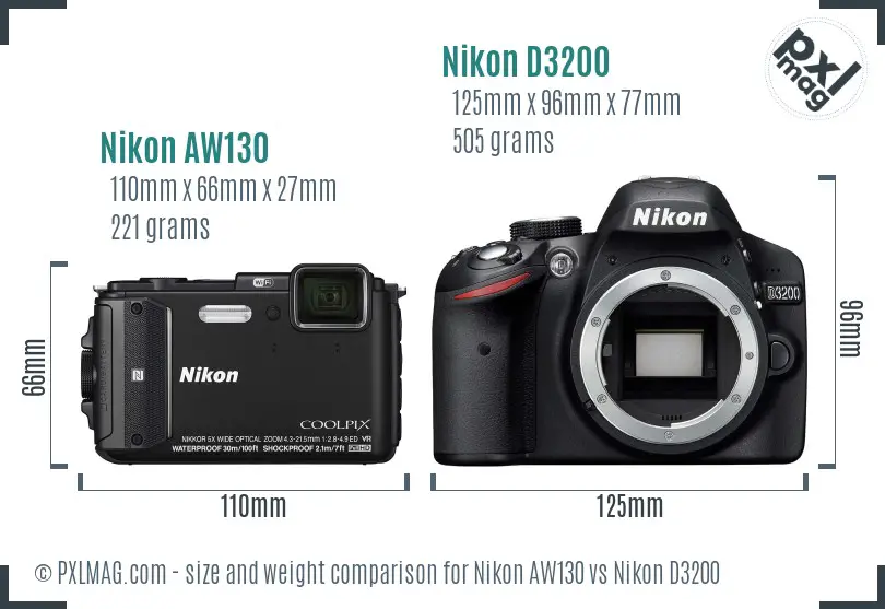Nikon AW130 vs Nikon D3200 size comparison