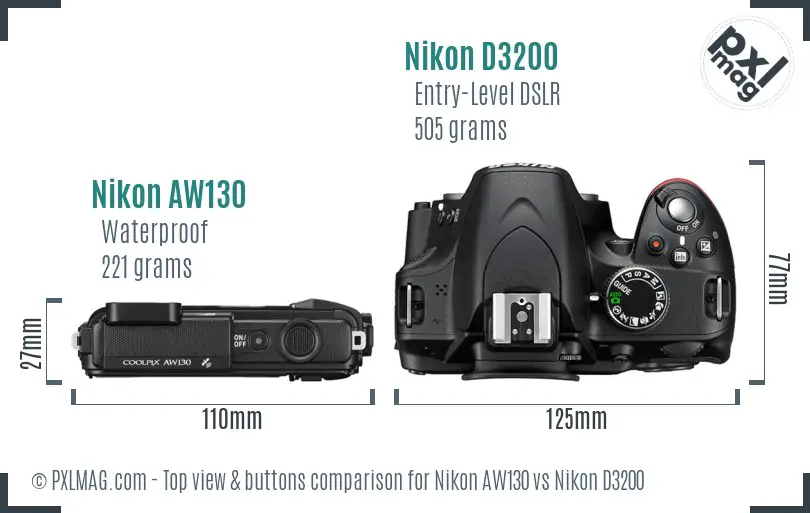 Nikon AW130 vs Nikon D3200 top view buttons comparison