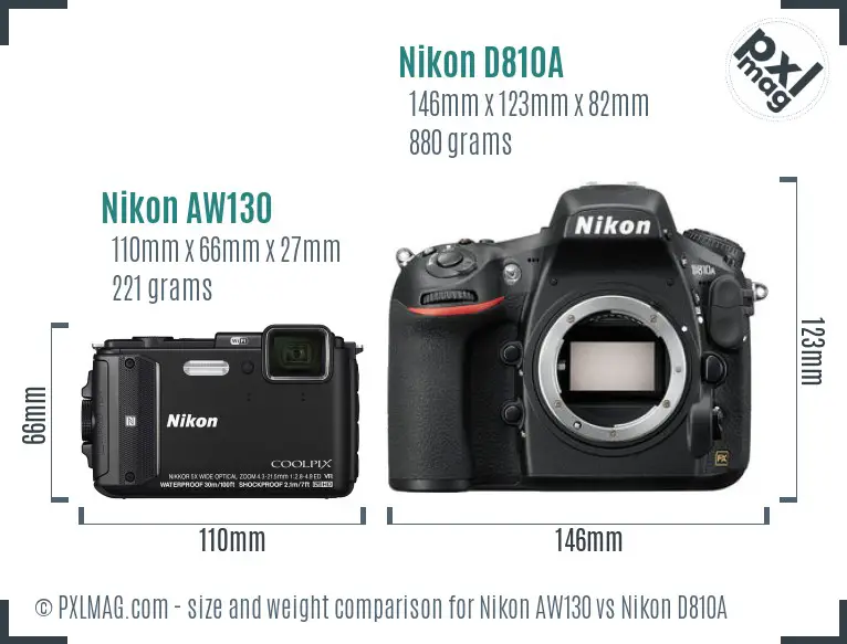 Nikon AW130 vs Nikon D810A size comparison