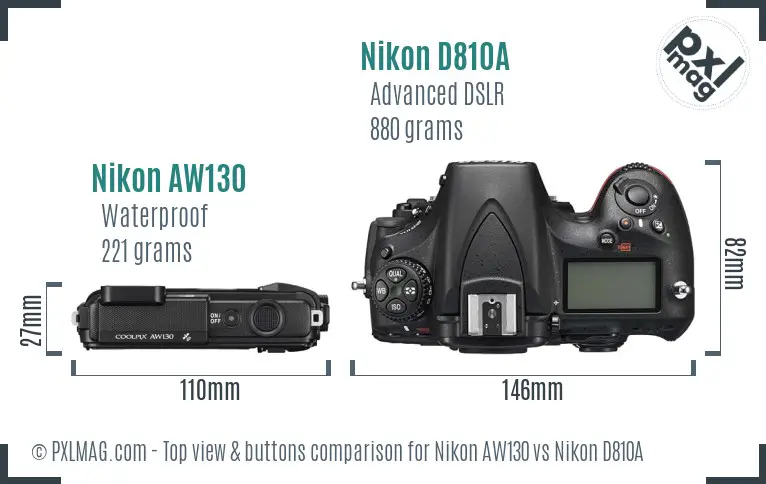Nikon AW130 vs Nikon D810A top view buttons comparison